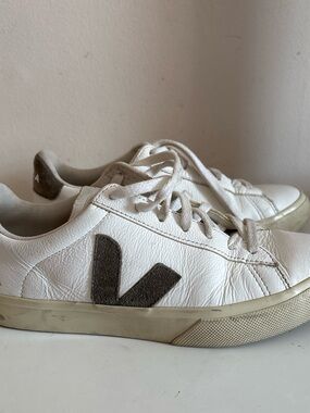 Veja White Leather Sneakers with Gray Suede V Logo